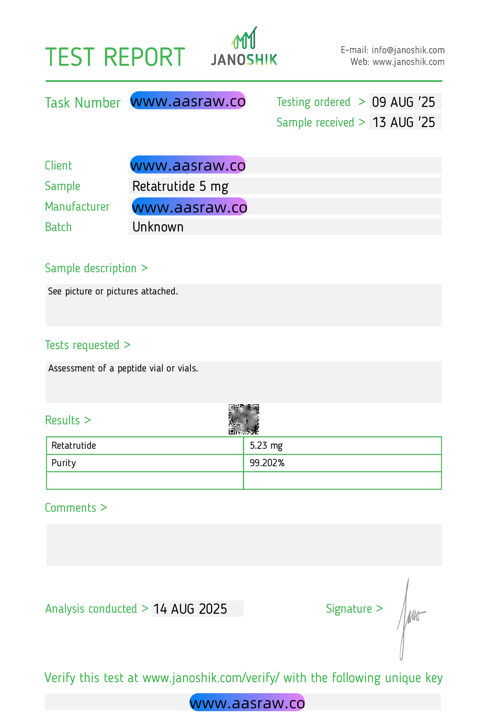 AASraw Retatrutide 5mg Janoshik hplc202508.png